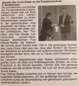 Presseartikel: Spende des Lions-Clubs an die Pestalozzischule Sandhausen